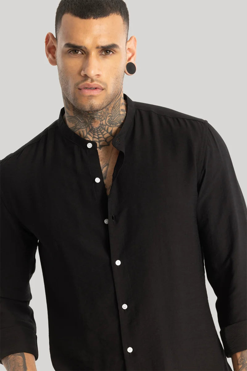 Black Crushed Mandarin Collar Shirt