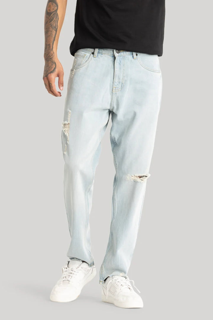 Sky Blue Distressed Baggy Fit Jeans