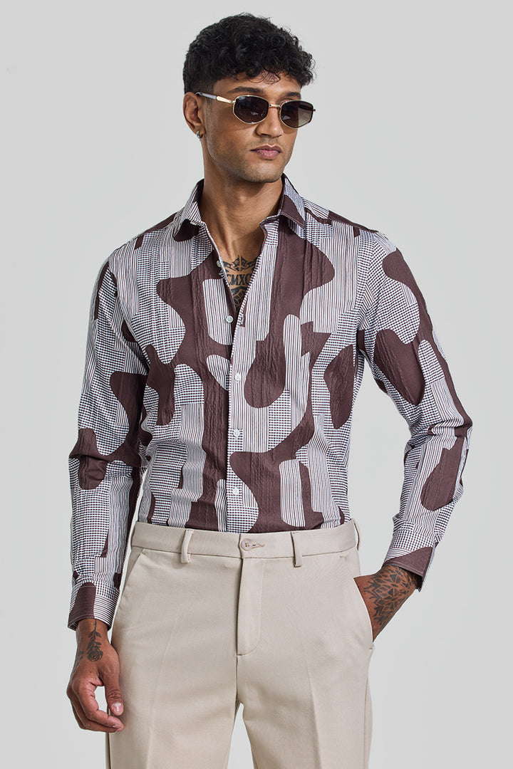 Brown Abstract Slim Fit Shirt