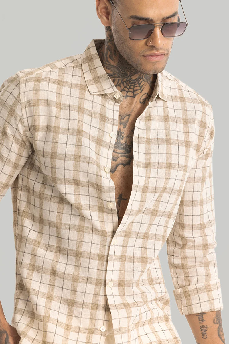 Beige Linen Blend Checks Shirt