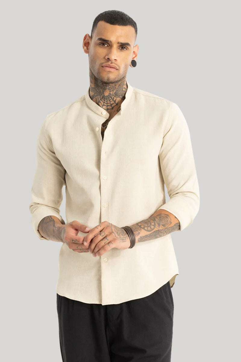 Cream Mandarin Linen Shirt