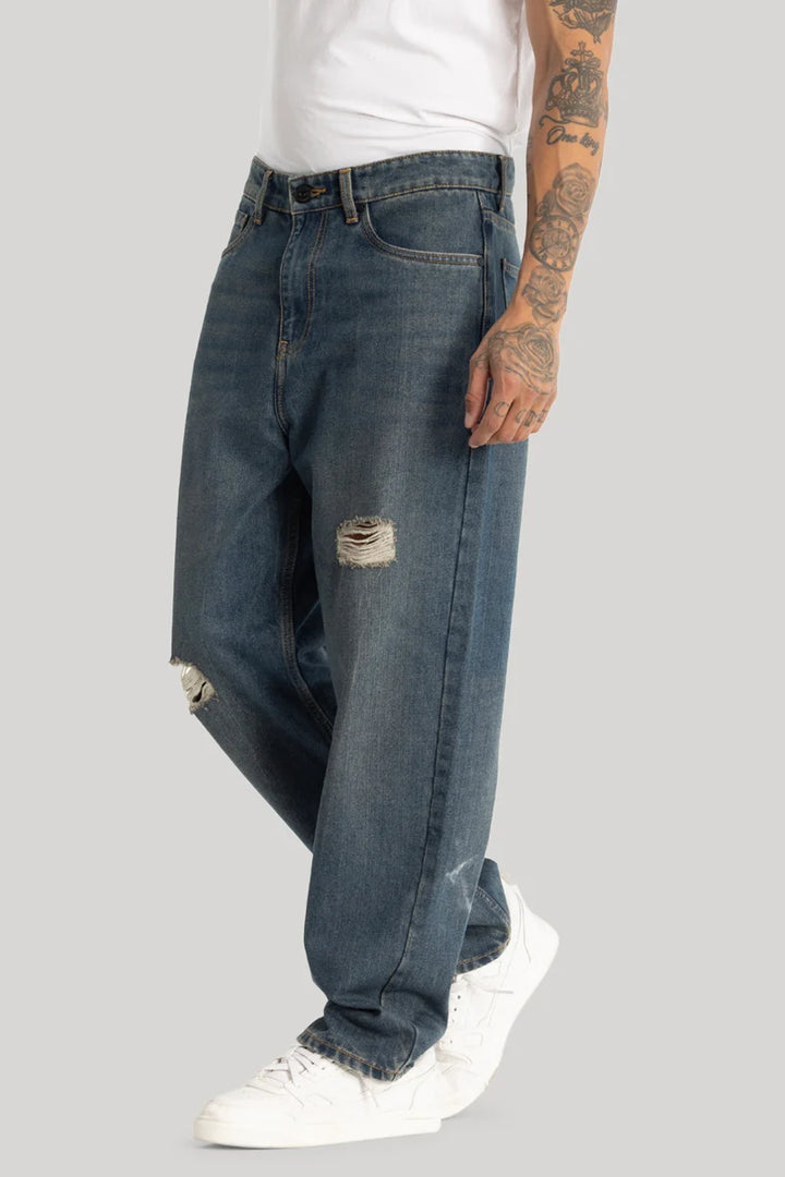 Dark Blue Distressed Loose Fit Jeans