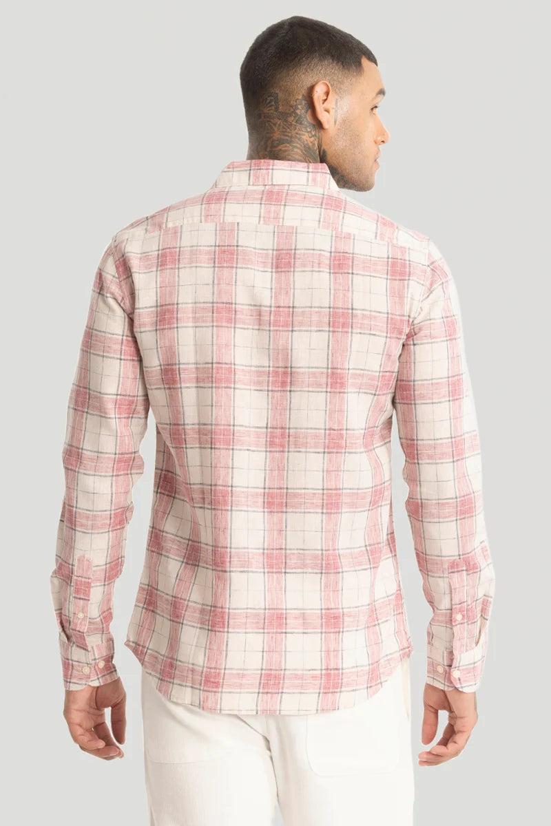 Red Linen Blend Checks Shirt