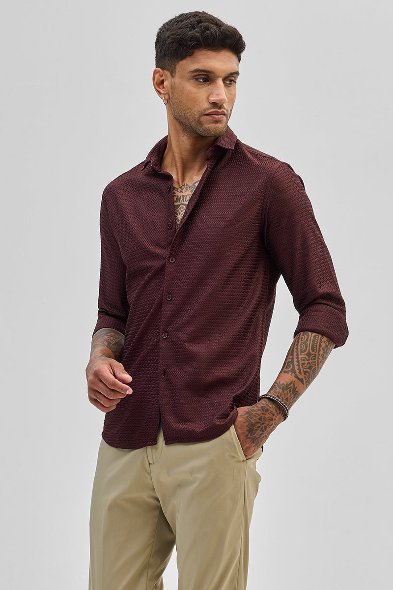 Maroon Self-Design Shirt