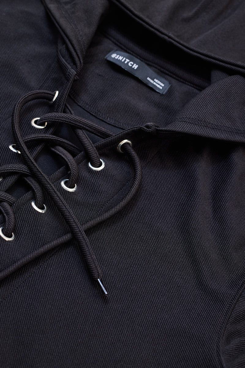 Black Lace-Up Textured Hoodie