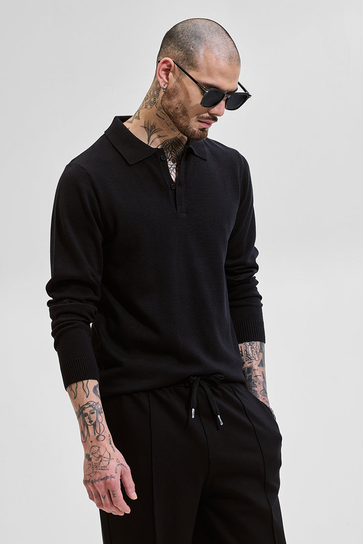 Core Lab Black Slim Fit Knitted Polo T-Shirt