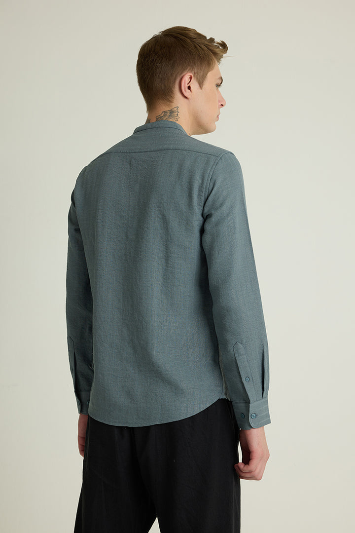 Teal Mandarin Self Stripe Shirt