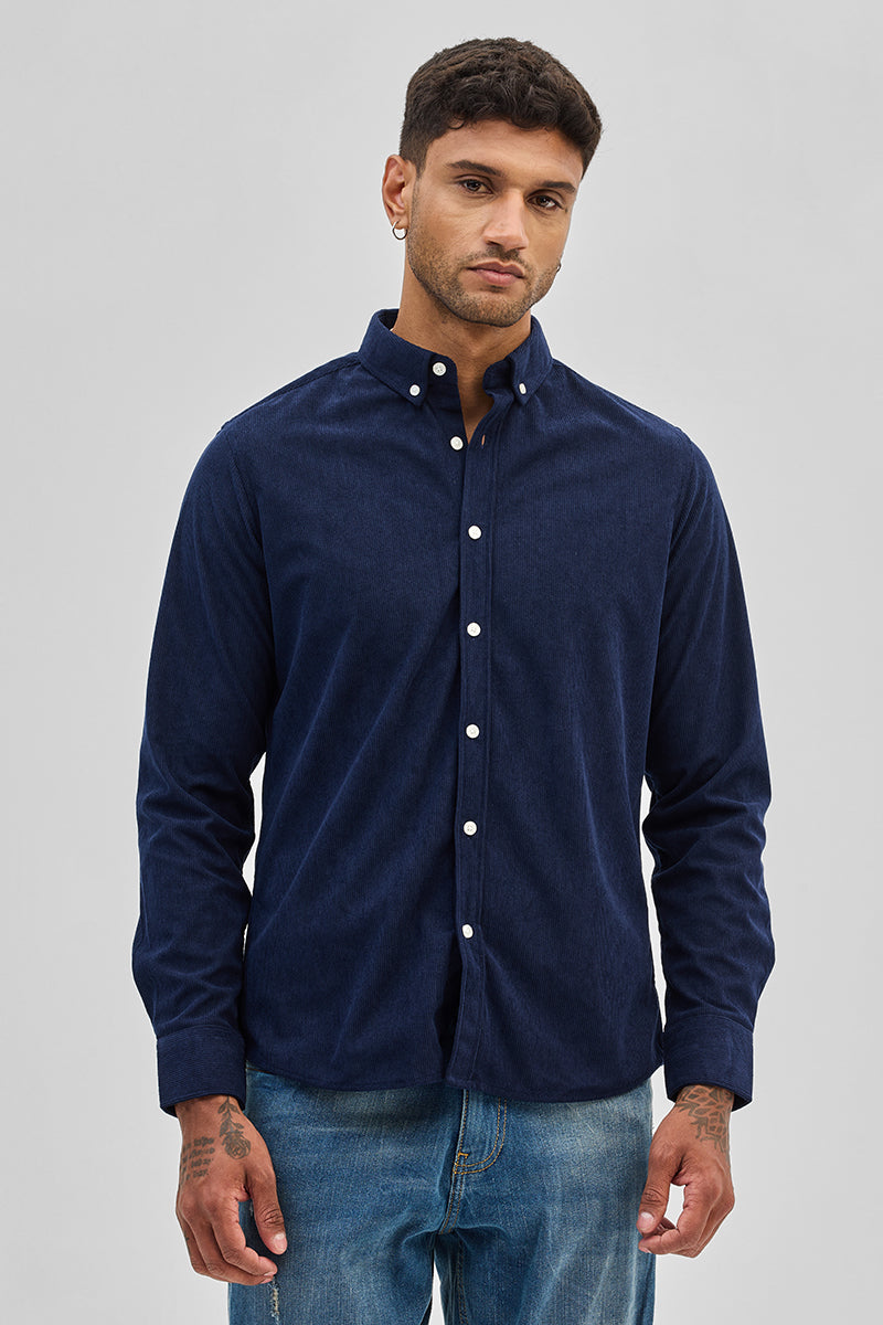 Dark Blue Slim Fit Corduroy Shirt