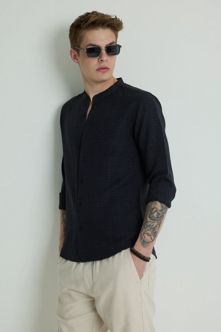 Navy Mandarin Self Stripe Shirt