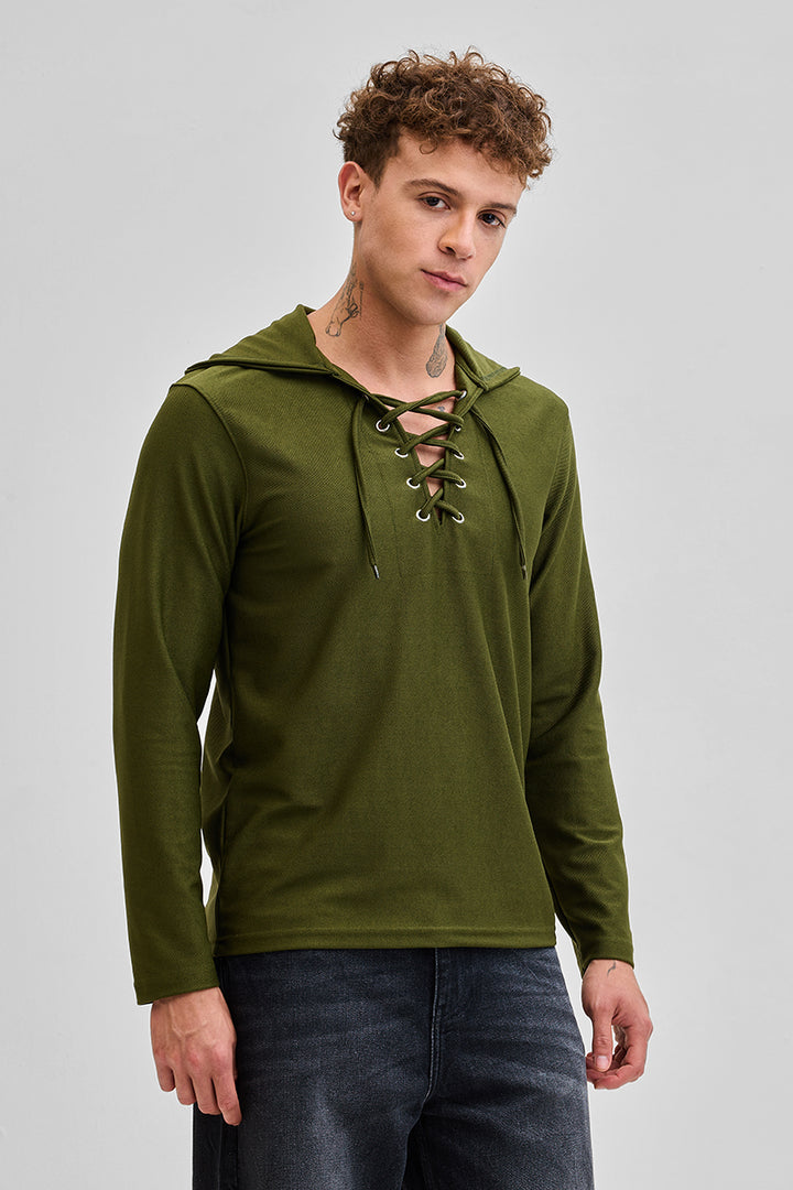 Olive Lace-Up Textured Hoodie