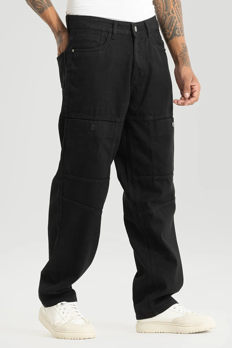 Buy Men's Chromatic Black Plain Baggy Fit Cargo Jeans Online | Snitch ...