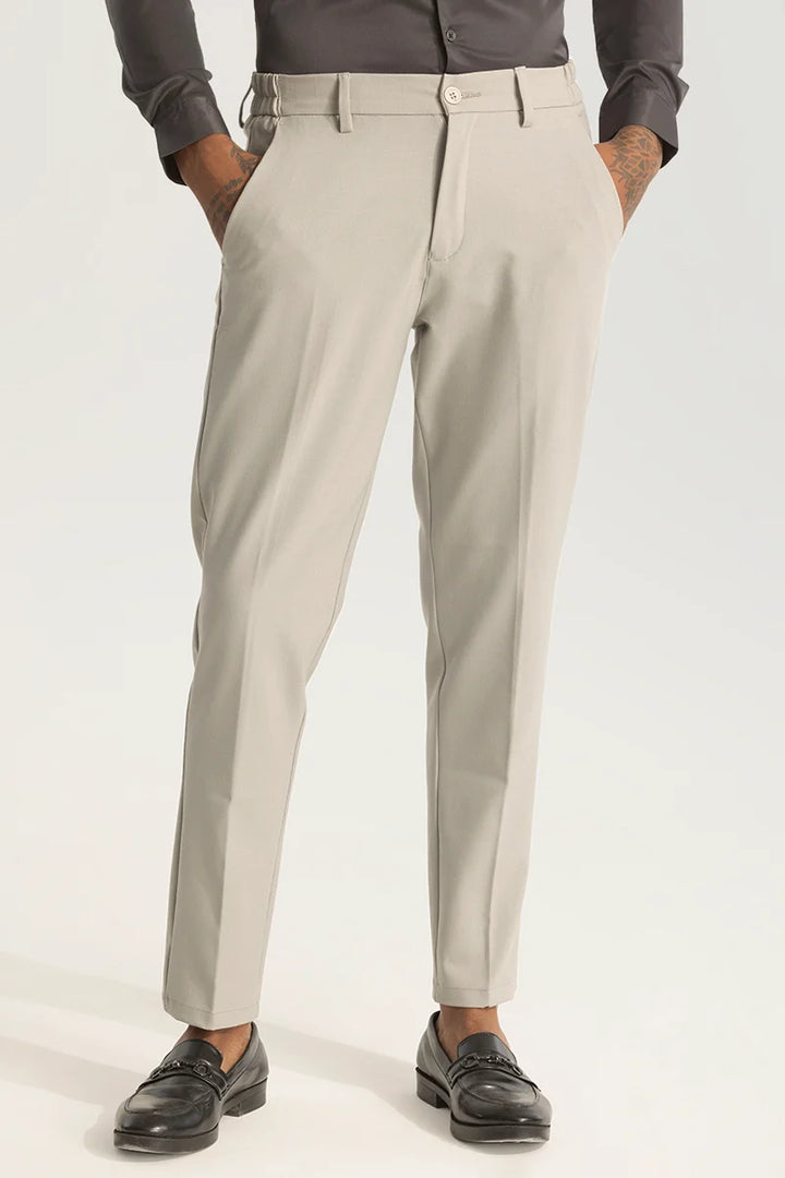 Cream Self-Design Slim Fit Trousers