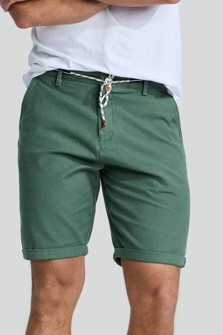 Green Plain Linen Regular Fit Shorts