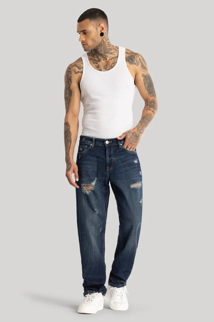 Navy Distressed Relaxed Fit Jeans