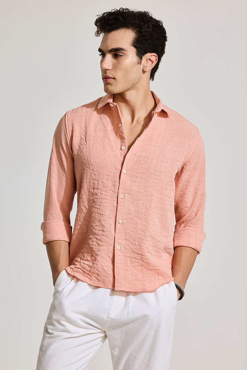 Peach Textured Slim Fit Shirt