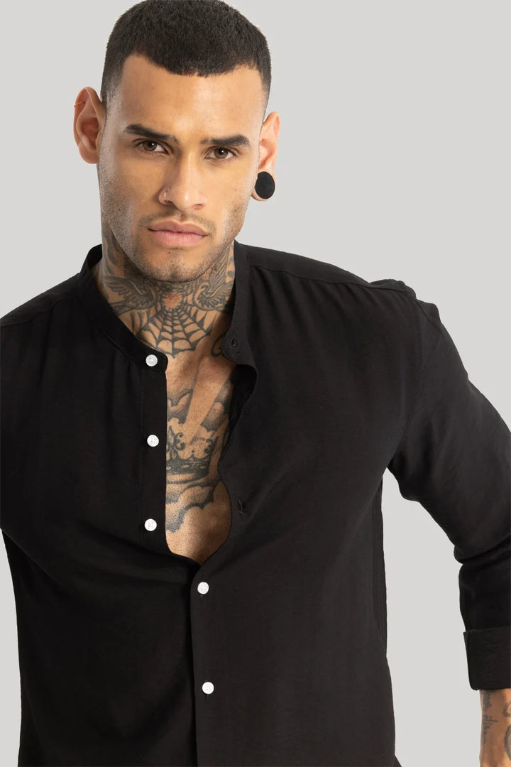 Black Crushed Mandarin Collar Shirt