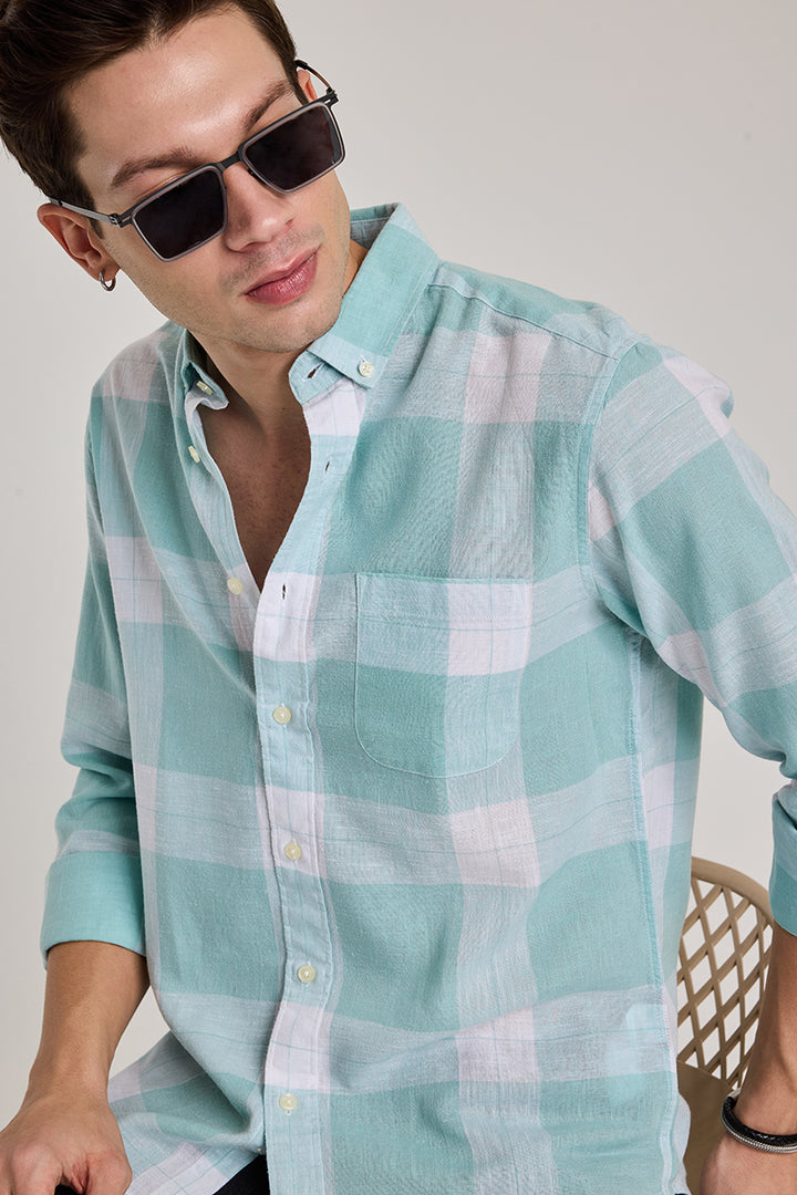 Turquoise Checks Linen Blend Shirt