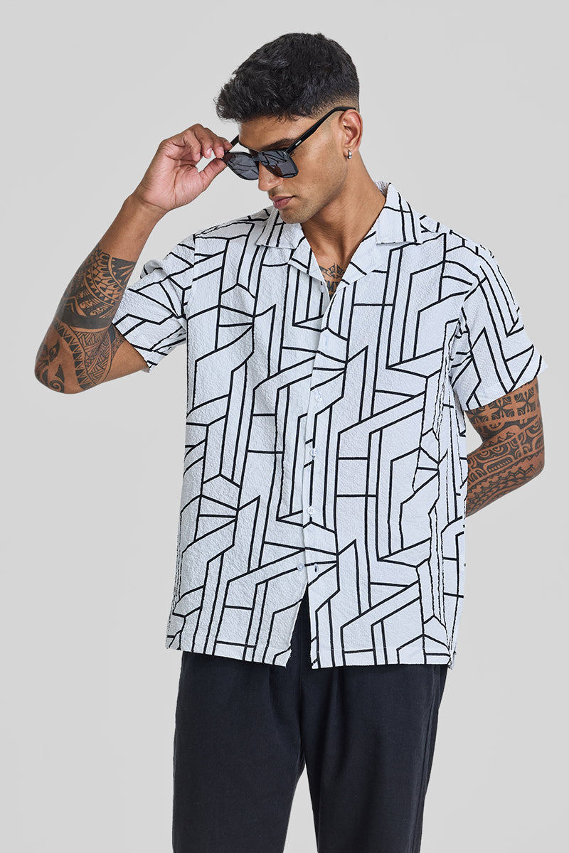 White Geometric Slim Fit Shirt