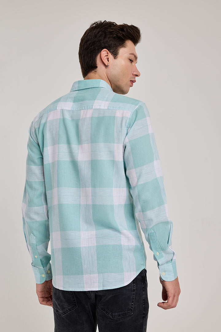 Turquoise Checks Linen Blend Shirt