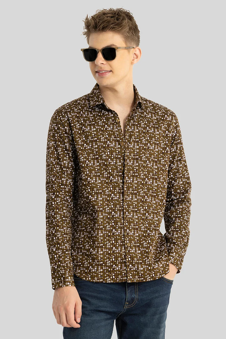 Brown Abstract Slim Fit Shirt