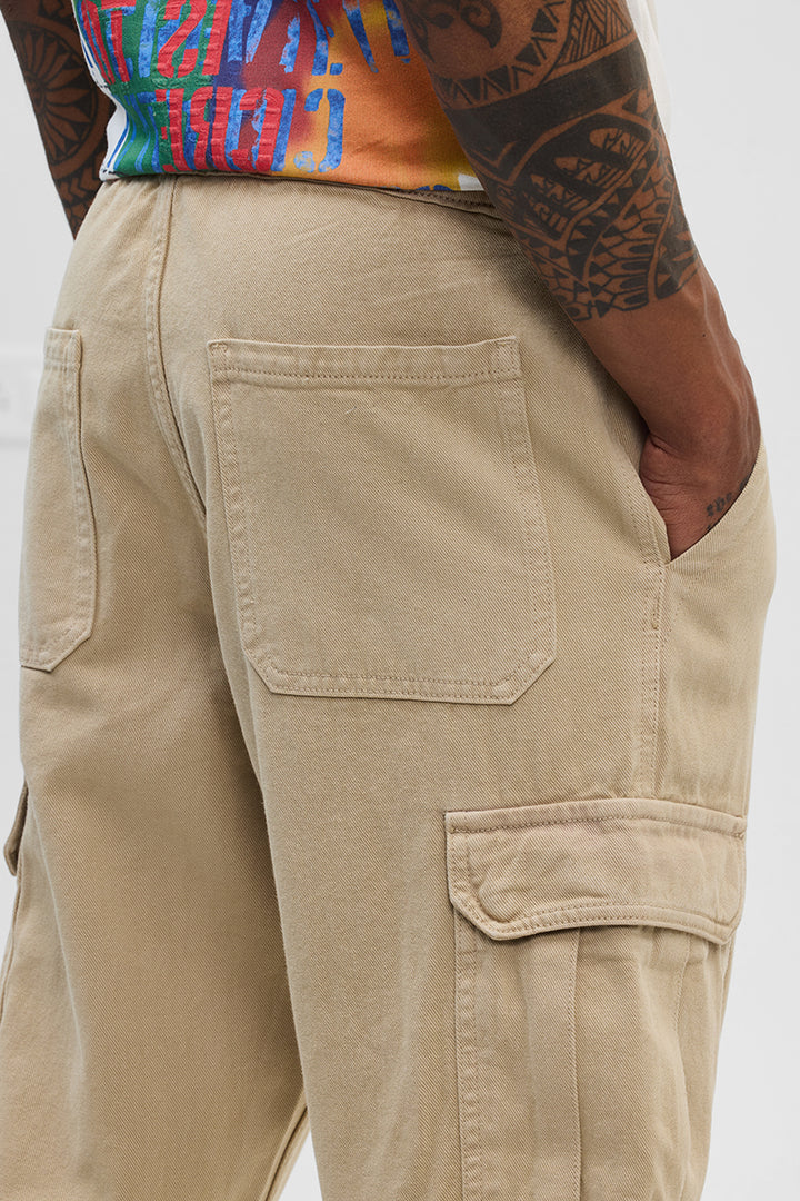 Beige Comfort Fit Cargo Jeans