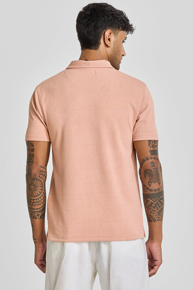 Peach Zipper Textured Polo T-Shirt