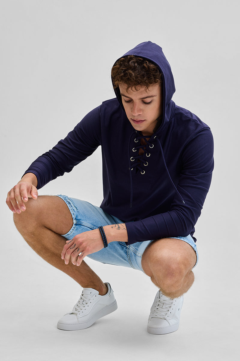 Navy Lace-Up Textured Hoodie