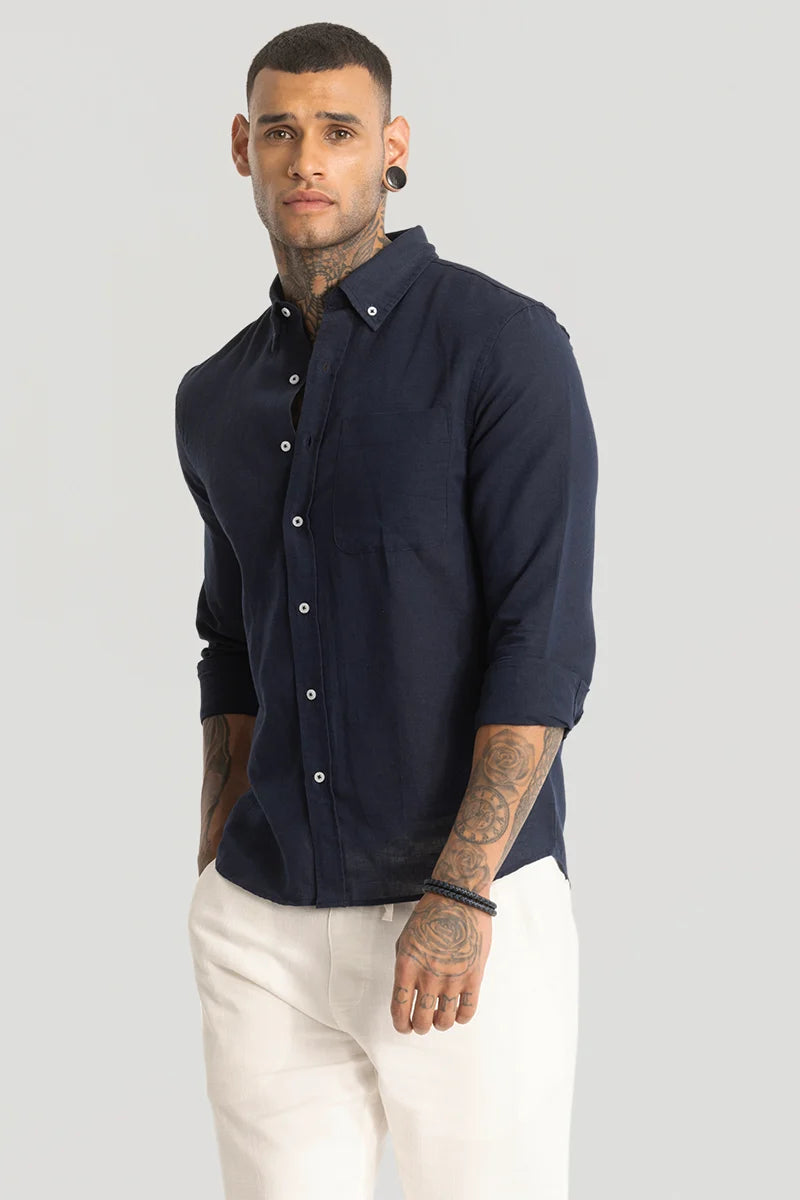 Navy Linen Blend Shirt