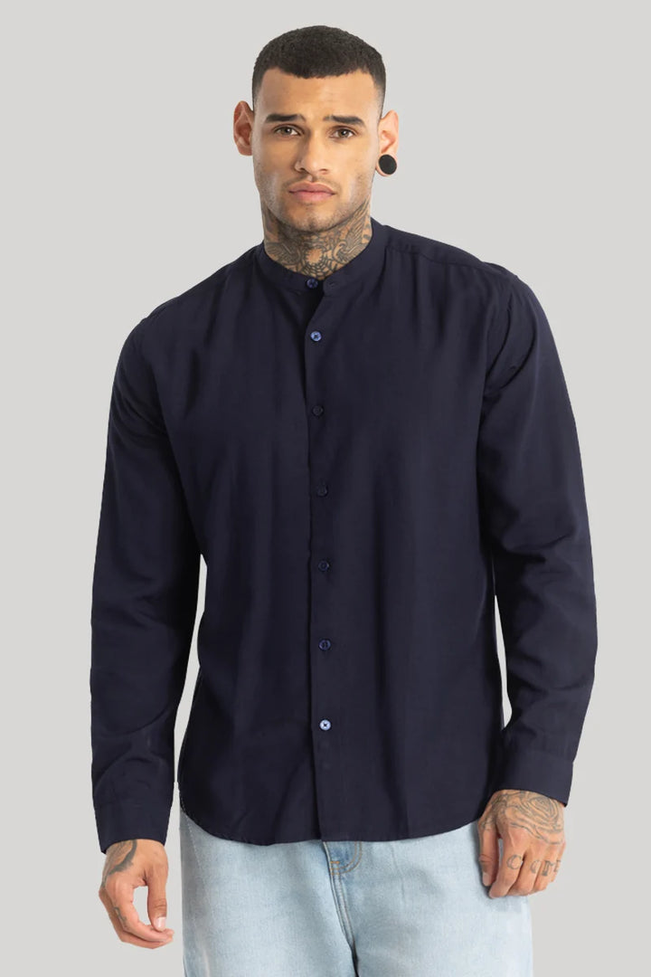 Navy Mandarin Collar Shirt