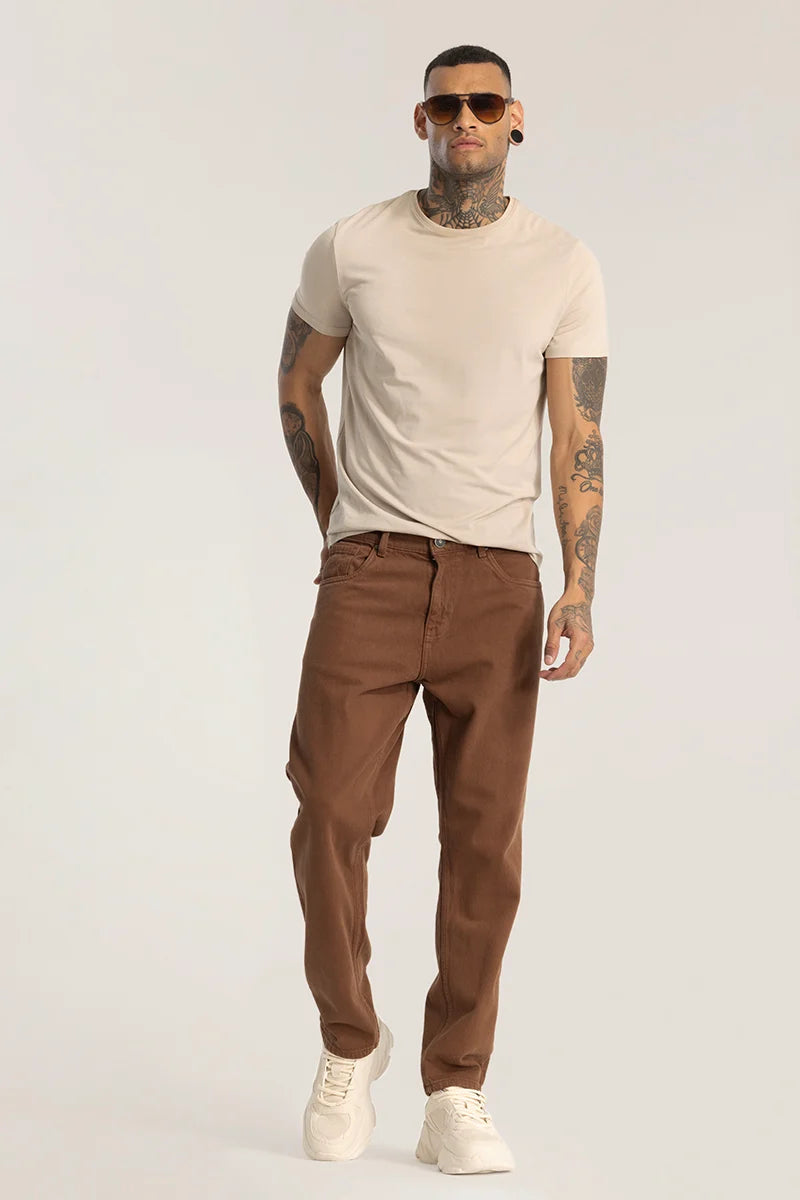 Brown Plain Baggy Fit Jeans