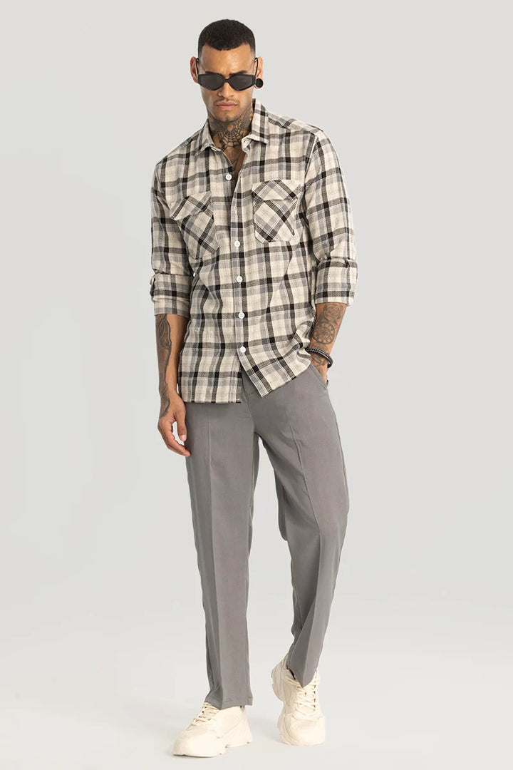 Cream Double Pocket Checks shirt