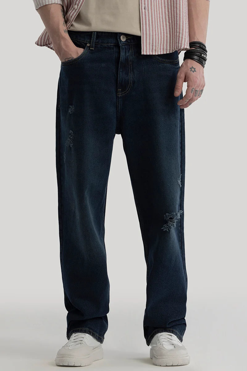 Buy Men's Lars Navy Distressed Loose Fit Jeans Online | Snitch – SNITCH