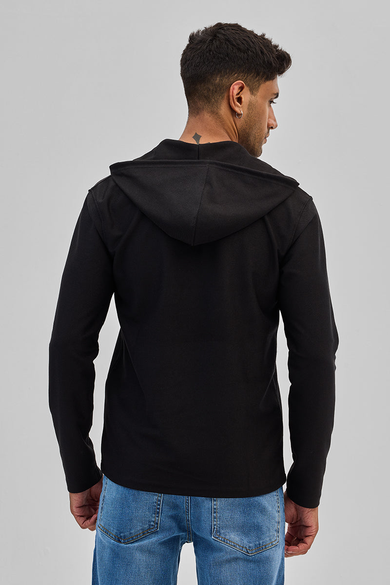 Black Lace-Up Textured Hoodie