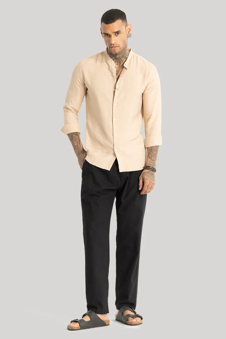 Beige Crushed Mandarin Collar Shirt