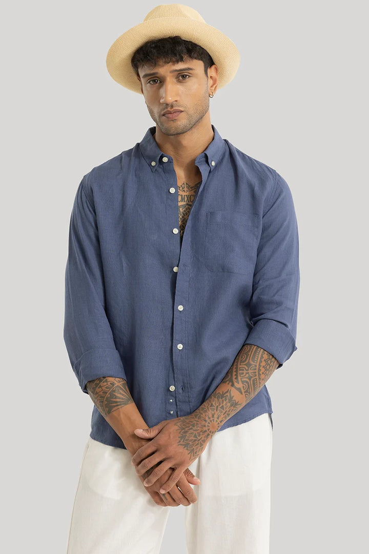 Elementary Stone Blue Plain Pure Linen Shirt