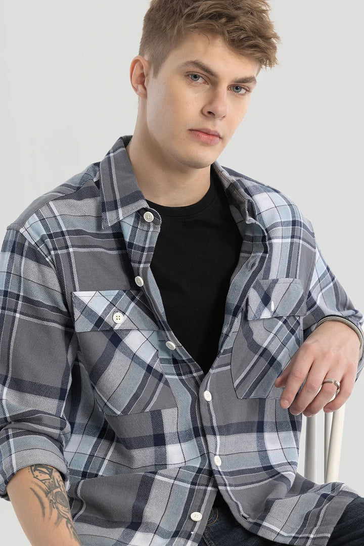 Grey Double Pocket Checks Shirt