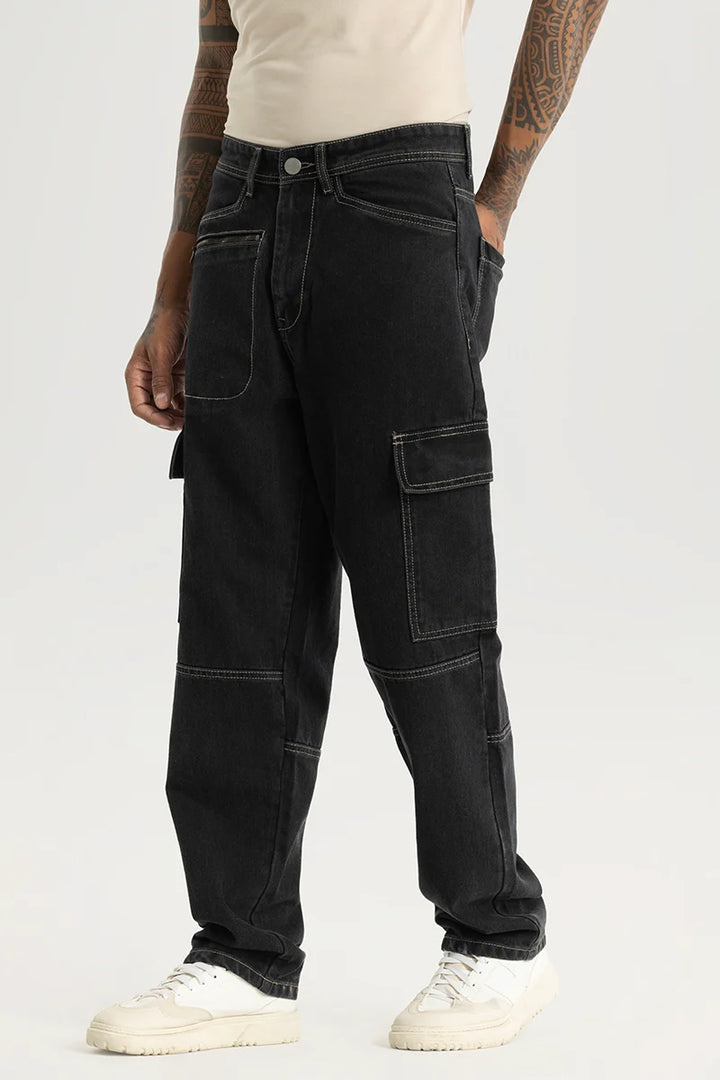 Empyrean Black Plain Straight Fit Cargo Jeans