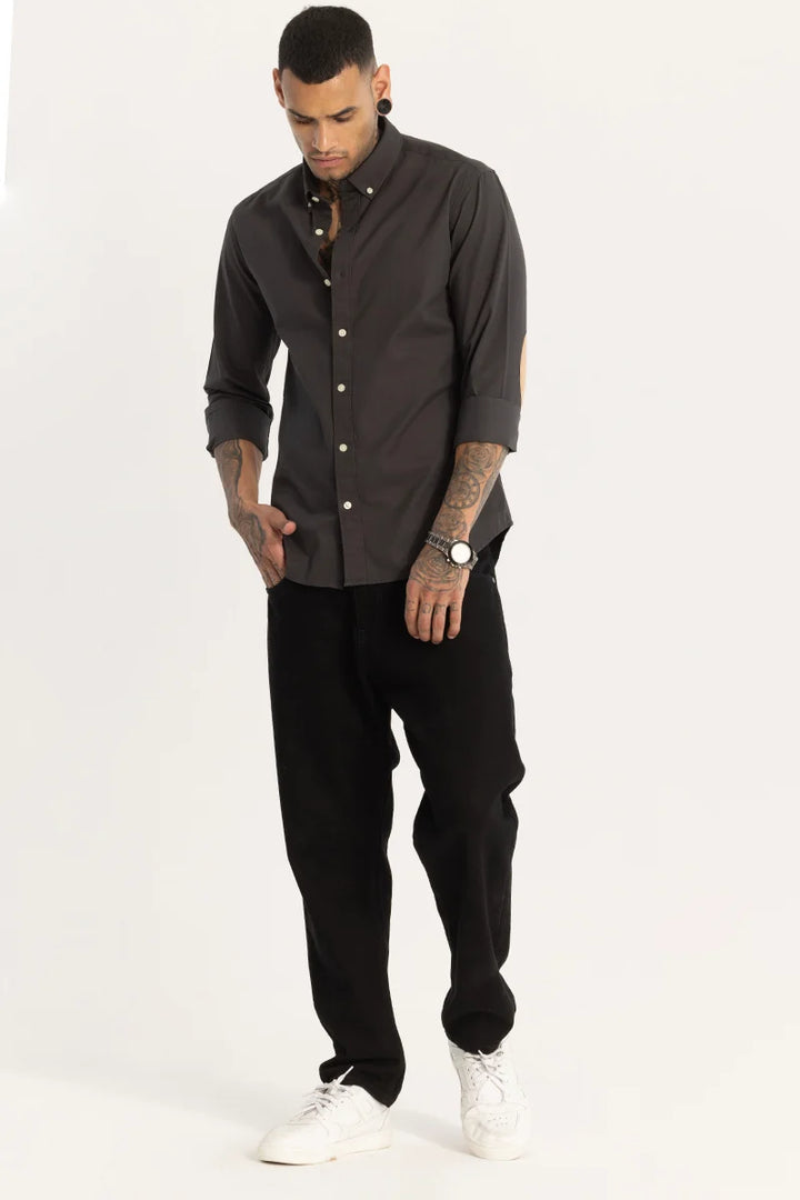 Charcoal Grey Elbow Patch Oxford Shirt