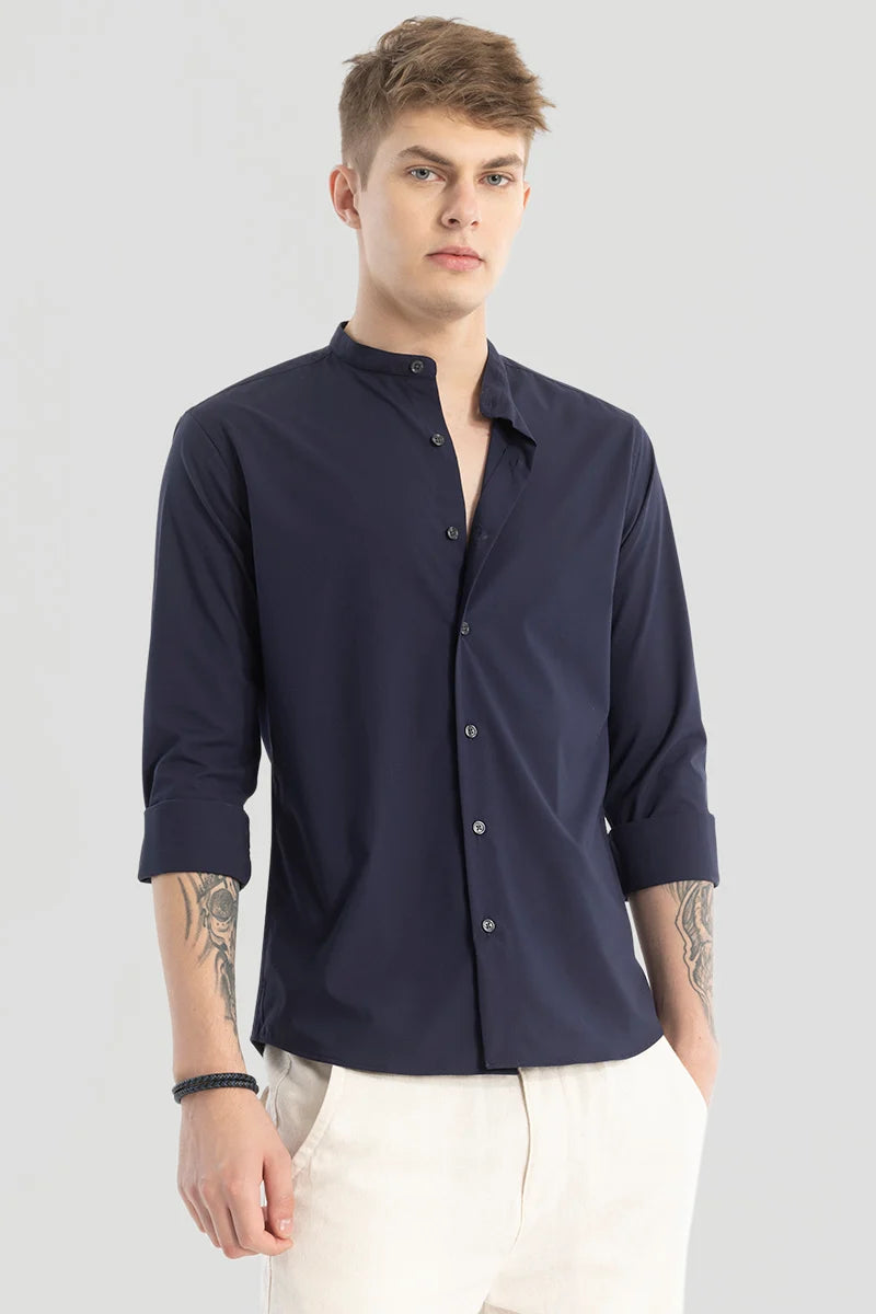 Navy Plain Mandarin Shirt