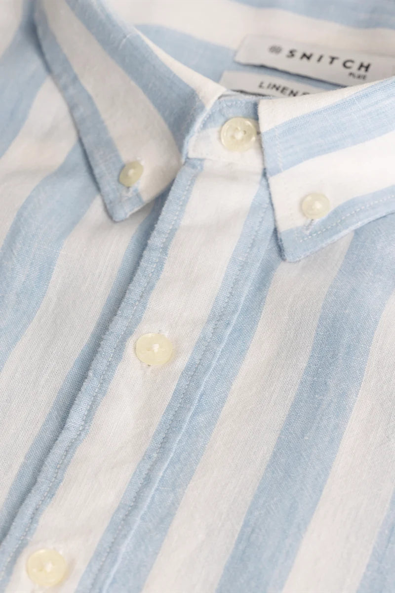 Light Blue Stripes Linen Blend Plus Size Shirt