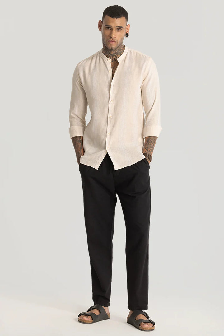 Cream Stripes Linen Blend Shirt