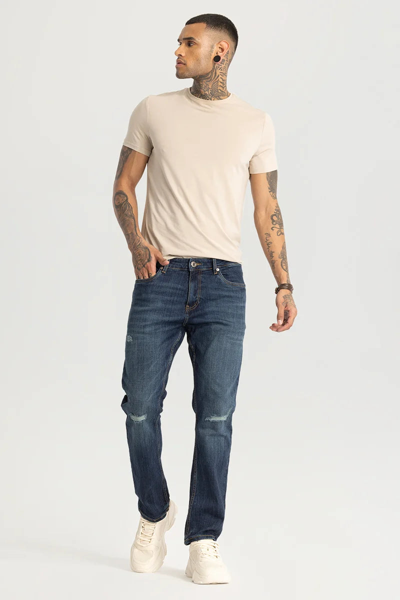 Navy Distressed Regular Fit Jeans