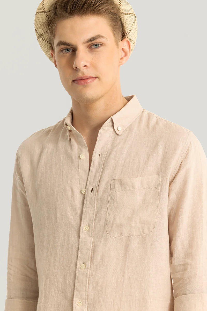 Elementary Beige Plain Pure Linen Shirt