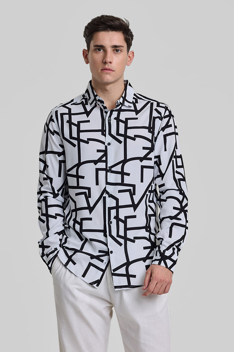 White Abstract Slim Fit Shirt