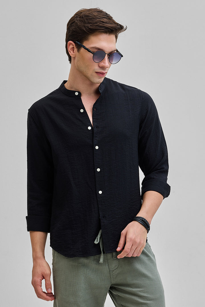 Black Mandarin Linen Blend Shirt