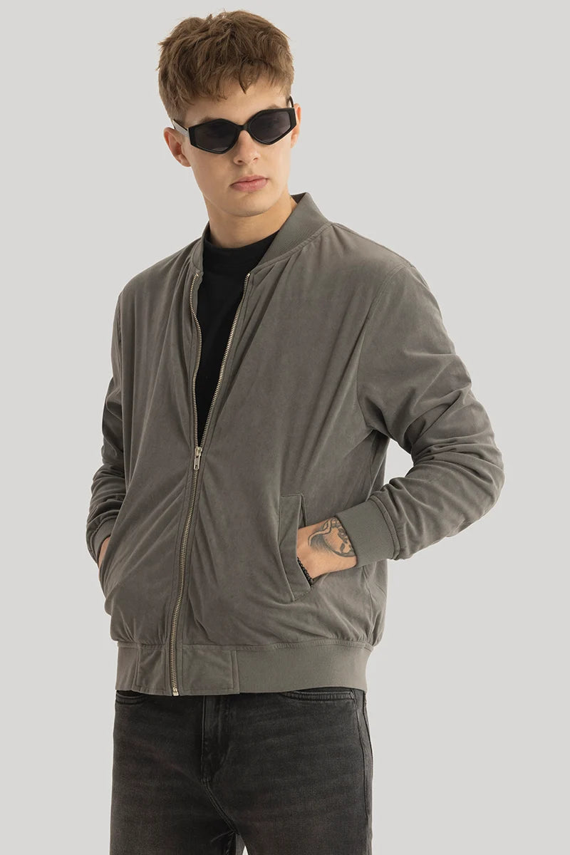 SleekSuede Grey Plain Bomber Jacket