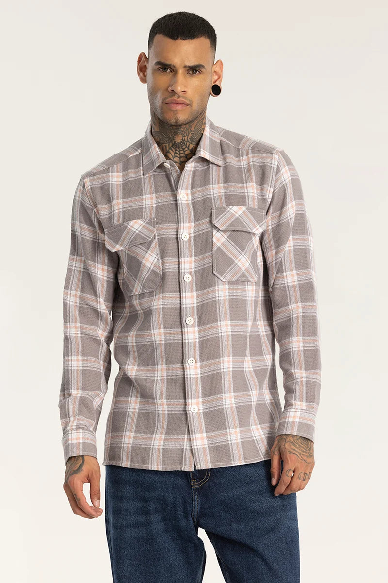 Grey Double Pocket Checks Shirt