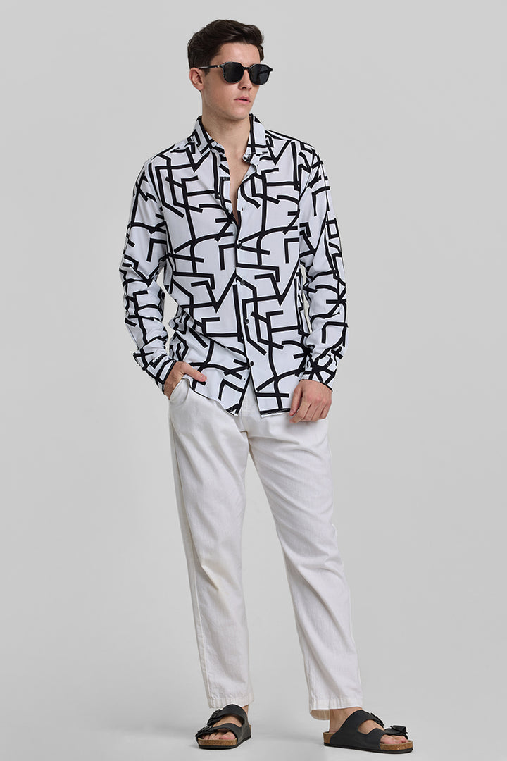 White Abstract Slim Fit Shirt