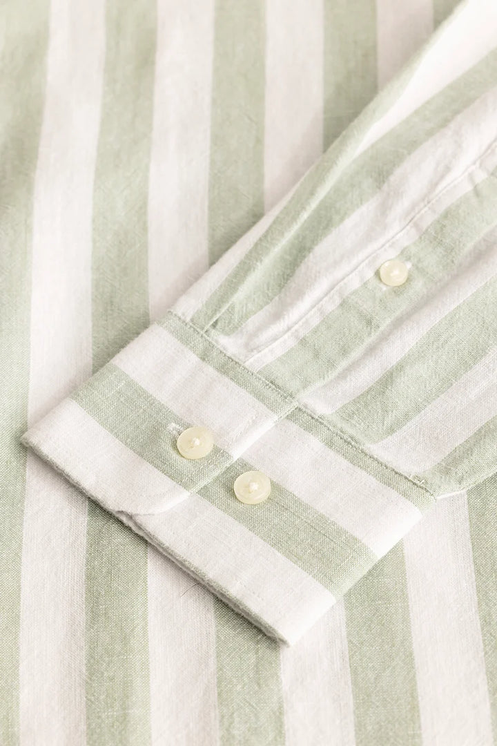 Light Green Stripes Linen Blend Plus Size Shirt