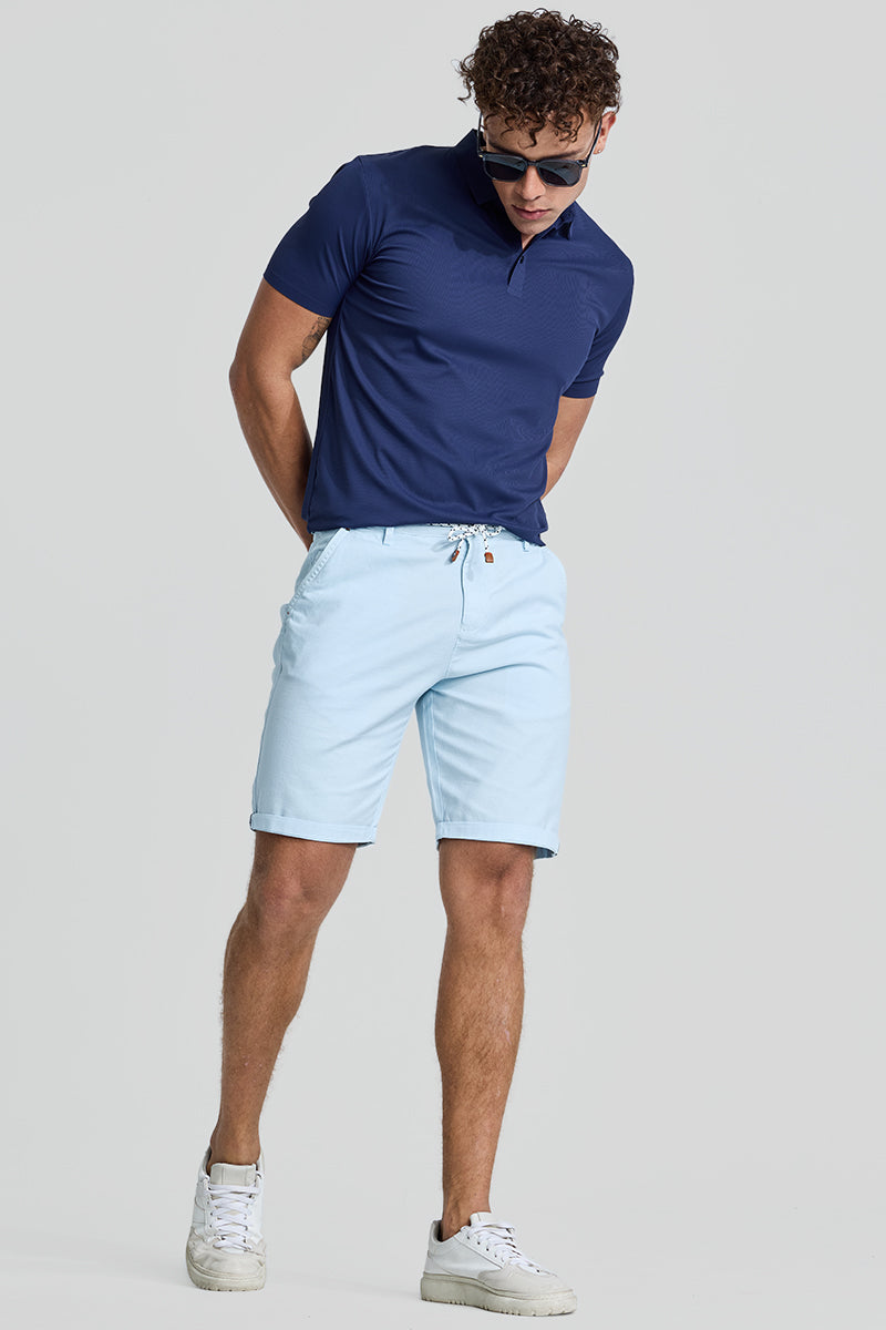 Light Blue Plain Linen Regular Fit Shorts